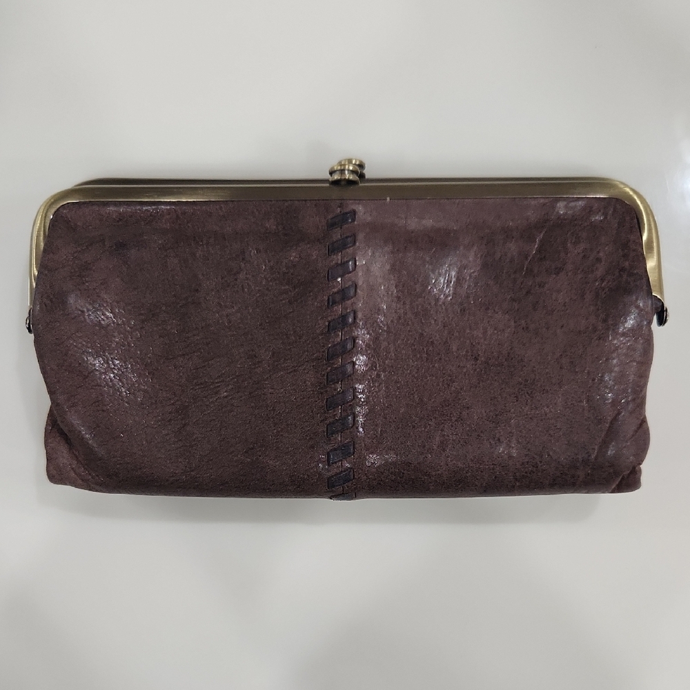 HOBO Brown Leather Frame Clutch with Brass Trim